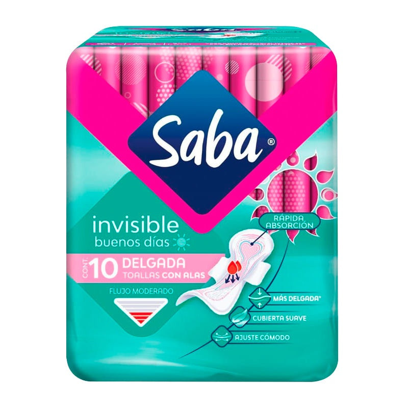 Toallas Femeninas Saba Invisible con Alas Flujo Abundante 10 pzs