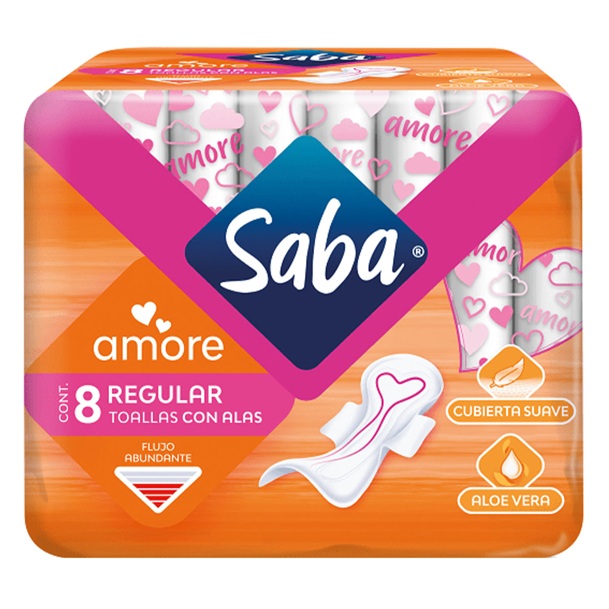 Toallas Femeninas Saba Amore Regular con Alas Flujo Abundante 8 pzs
