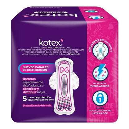 Toallas Femeninas Kotex Nocturna Con Alas Flujo Súper Abundante 8 pzs