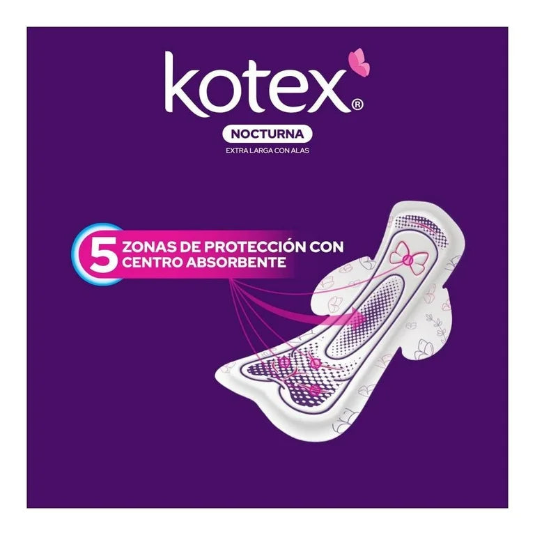 Toallas Femeninas Kotex Nocturna Con Alas Flujo Súper Abundante 8 pzs