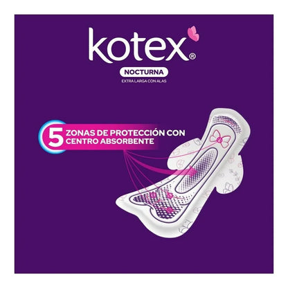 Toallas Femeninas Kotex Nocturna Con Alas Flujo Súper Abundante 8 pzs