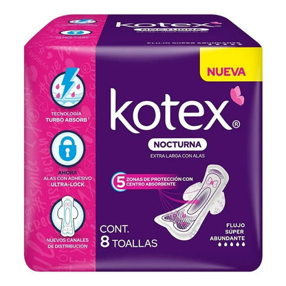 Toallas Femeninas Kotex Nocturna Con Alas Flujo Súper Abundante 8 pzs