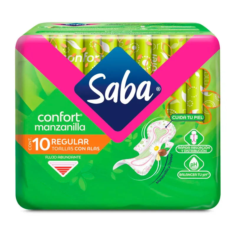 Saba Confort Manzanilla Regular Con Alas Flujo Abundante 10 pzs