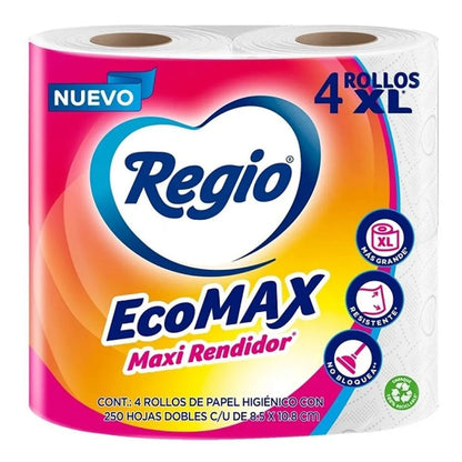 Papel Higiénico Regio Ecomax Hojas Dobles 4 pzs × 250 hojas