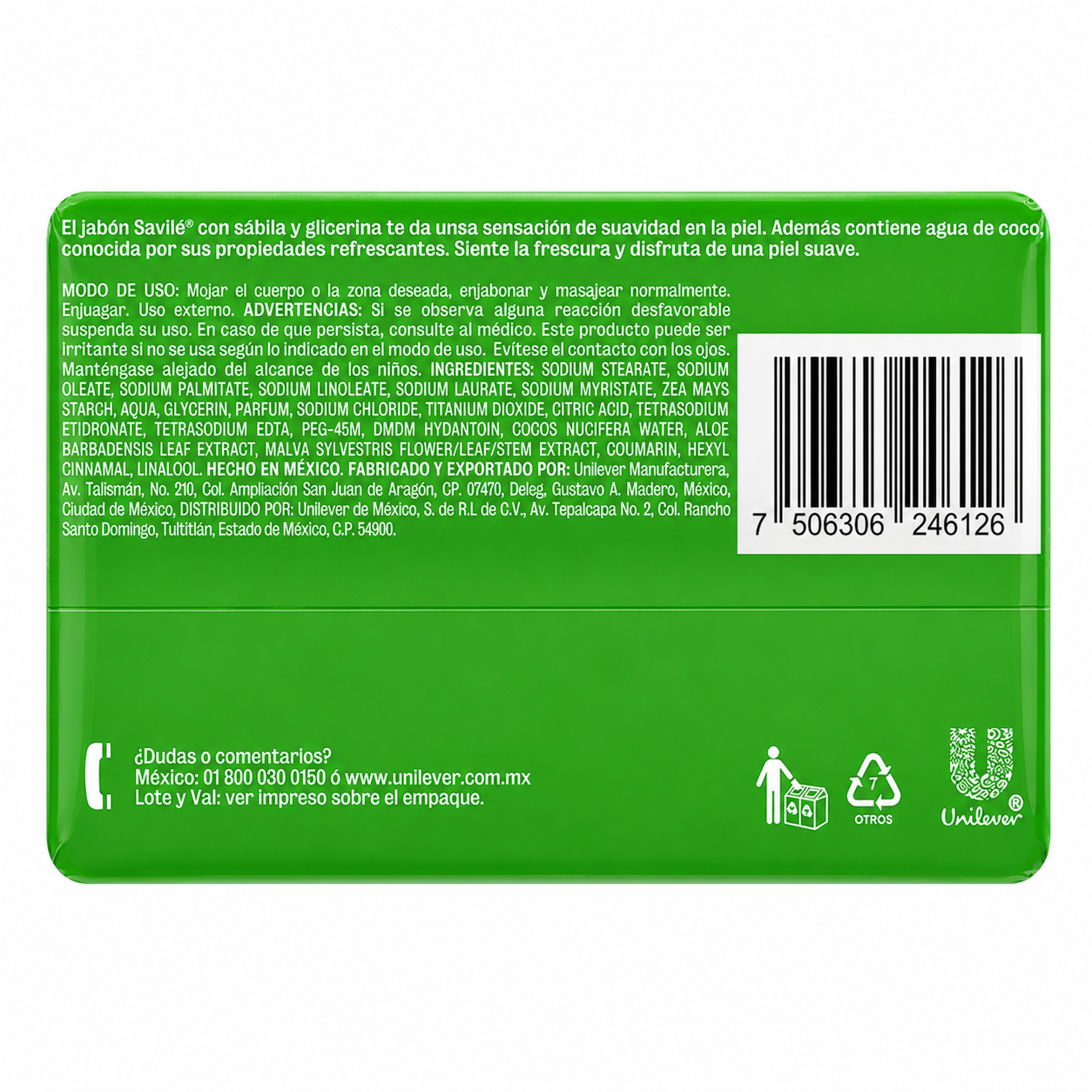Jabón Savilé Extracto de Sábila y Agua de Coco 135g