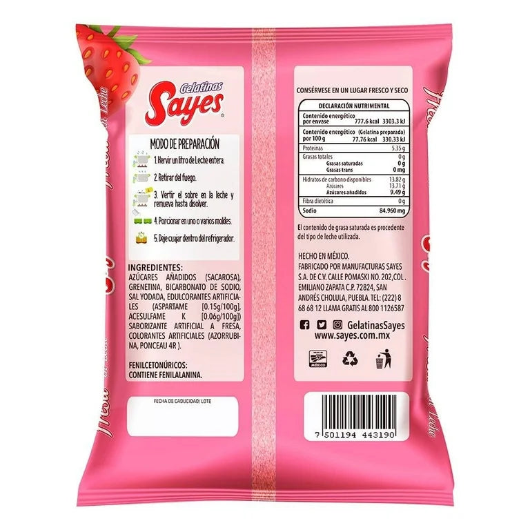 Gelatina Sayes Leche Sabor Fresa 120g