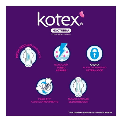 Toallas Femeninas Kotex Nocturna Con Alas Flujo Súper Abundante 8 pzs